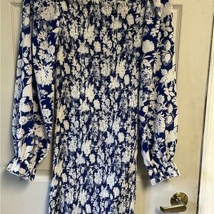 Blue and White Sheath Dress with Bishop Sleeves
